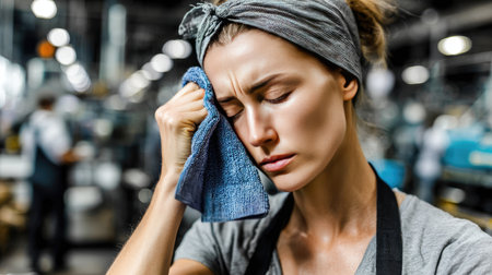 A young woman in a manufacturing setting wipes sweat from her forehead, illustrating fatigue and concentration during a demanding task in the workplace.の素材