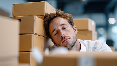 A young male office worker rests his head against stacked cardboard boxes, capturing a moment of exhaustion and stress relief in a busy workplace environment.の素材
