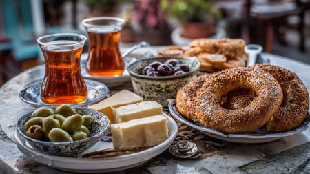 A beautifully arranged table featuring traditional Turkish tea served in glass cups alongside a variety of snacks, including bagels, cheese, olives, and dried fruits. Perfect for showcasing cultural dining and hospitality.の素材