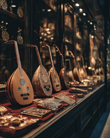 A captivating display features beautifully crafted wooden lutes alongside exquisite jewelry, highlighting the rich artistic heritage and elegant design in a vintage shop.の素材