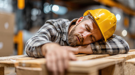 A factory worker appears exhausted, resting his head on a wooden pallet in a warehouse. The safety helmet indicates a commitment to workplace safety, while the relaxed posture highlights the need for breaks in a demanding environment.の素材