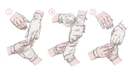 This image features a detailed, step-by-step guide illustrating proper techniques for bandaging hands, ideal for first aid training and safety education.の素材