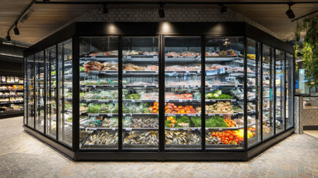 A vibrant grocery store display featuring fresh produce and seafood arranged beautifully in well-lit glass shelves, showcasing a variety of healthy options for shoppers.の素材