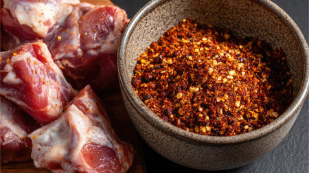 This captivating image features fresh raw meat chunks paired with aromatic red spice powder in a decorative bowl, perfect for culinary inspiration.の素材
