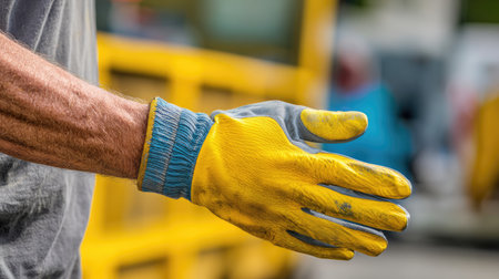 A focused view of a worker's hand adorned in yellow and gray safety gloves, highlighting the essential gear for various industrial and construction tasks.の素材