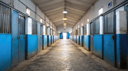 Spacious horse stable interior with well-maintained stalls and a clear pathway, illuminated by natural light. Ideal for showcasing equestrian settings.の素材