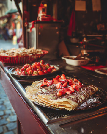 A tempting display of fresh crepes topped with strawberries and chocolate sauce at a bustling street food market, perfect for food lovers.の素材