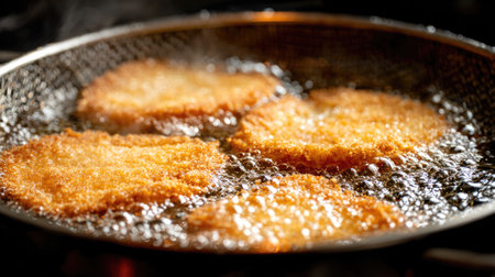 Immerse in the delightful sight of crispy fried food cooking in hot oil, showcasing a golden brown texture in a sizzling frying pan over a heat source.の素材
