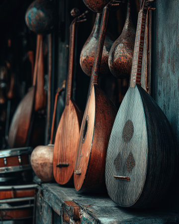 This captivating image showcases a collection of traditional string instruments in a rustic workshop, highlighting the beauty and craftsmanship of handcrafted music.の素材