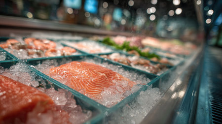 A vibrant display of fresh salmon and assorted seafood elegantly arranged on ice at a modern market. The blurred background adds depth, enhancing the appealing presentation.の素材