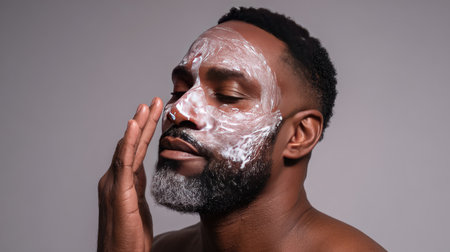 A man applies facial cleanser while enjoying a moment of self-care. The soothing expression highlights a commitment to skincare and personal grooming.の素材