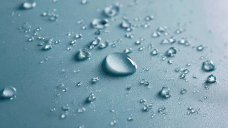 This image showcases a collection of water droplets resting on a smooth surface, illuminated by soft light, creating a calming and refreshing atmosphere.の素材