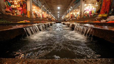 A lively market scene featuring flowing water alongside colorful decorations, capturing the essence of commerce and cultural vibrancy in an urban setting.の素材