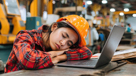 A female construction worker with a safety helmet rests her head on her laptop at a desk while appearing tired in an industrial environment.の素材