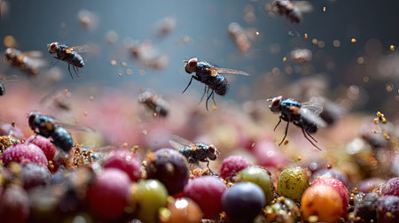 A captivating macro shot showcasing a swarm of flies hovering over a variety of freshly fallen berries, emphasizing the interplay of nature and decay.の素材