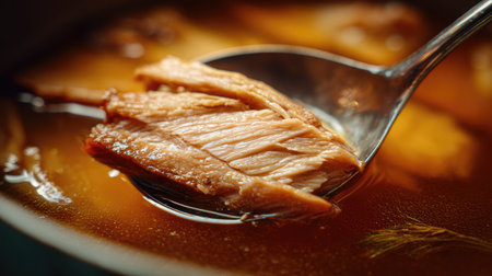 A close-up view of tender pieces of meat resting in a savory broth, captured in a silver spoon. The rich colors and textures highlight the comfort food appeal of this delicious dish, ideal for family meals and cozy dining experiences.の素材