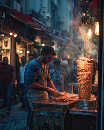 A street vendor skillfully prepares dの素材