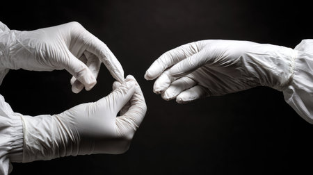 Two hands in rubber gloves are poised for a medical procedure, emphasizing the importance of hygiene and safety in healthcare settings.の素材