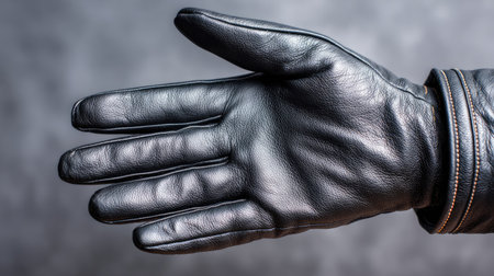 A close-up image of a black leather glove laid flat against a subtle grey background, emphasizing the craftsmanship and elegant design suitable for fashion-related themes.の素材