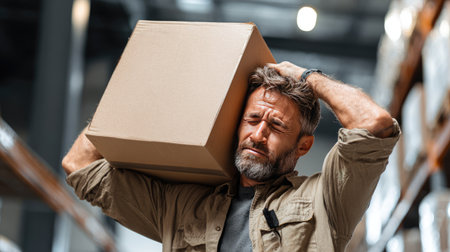 A weary warehouse worker shows signs of stress while lifting a heavy cardboard box. This scene reflects the challenges faced in manual labor and logistics.の素材