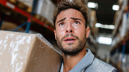 A young male warehouse worker expresses concern while holding a package, surrounded by shelves in a busy distribution center highlighting logistics challenges.の素材