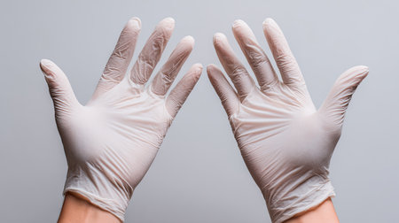 This image showcases clean, sterile hands wearing rubber gloves, symbolizing readiness for medical procedures and emphasizing hygiene in healthcare settings.の素材