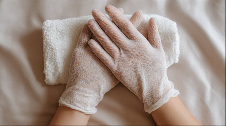 A pair of clean, protective gloves placed on a soft towel, symbolizing hygiene and safety in personal care routines. Ideal for health and beauty applications.の素材