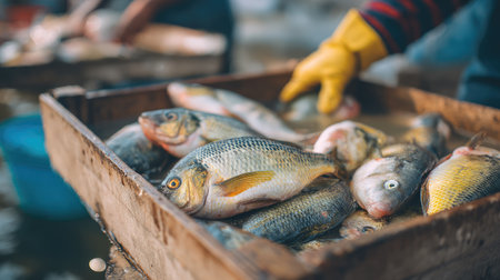 A vibrant display of freshly caught fish in a wooden tray showcases the seafood market's daily hustle. A fisherman works in the background, emphasizing local trade.の素材