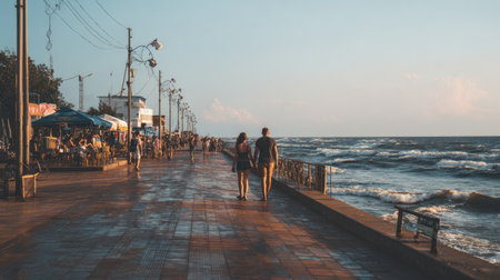 A serene beach boardwalk scene captures a couple walking hand in hand during sunset, with gentle waves lapping the shore, creating a romantic atmosphere.の素材