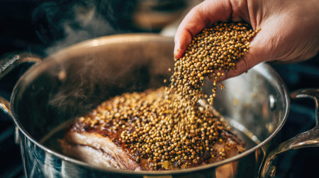 A hand pours mustard seeds over juicy slow-cooked meat in a stainless steel pot, creating an aromatic seasoning blend in a warm kitchen environment.の素材