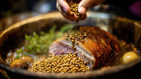 A hand sprinkles aromatic spices onto a succulent meat dish resting in a rustic wooden bowl, surrounded by herbs and seasonings, capturing culinary artistry.の素材