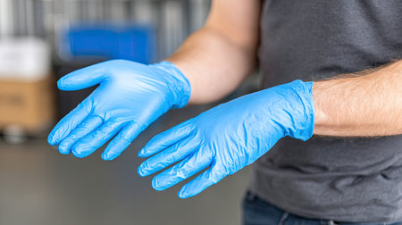 A close-up view of a person's hands wearing blue disposable gloves in a clean industrial setting, emphasizing hygiene and safety practices for various tasks.の素材