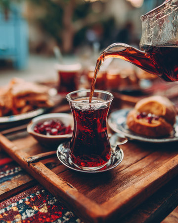 A beautiful scene showcasing a glass of tea being poured, complemented by assorted delicacies on a rustic wooden table, evoking warmth and hospitality.の素材