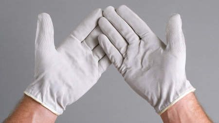 This image showcases a pair of light gray protective gloves held up against a neutral gray background, emphasizing themes of safety and hygiene in various settings.の素材