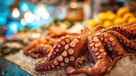 A stunning close-up of a fresh octopus displayed on ice, surrounded by vibrant citrus fruits in a seafood market, showcasing culinary abundance and freshness.の素材