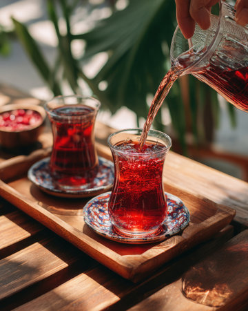 A serene scene of a red beverage being poured into elegant glasses on a wooden tray, surrounded by lush greenery and warm sunlight, perfect for relaxation.の素材