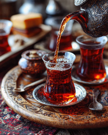 A beautifully crafted teapot pours rich, aromatic tea into elegant glasses on a decorative tray, surrounded by intricate textiles, evoking warmth and tradition.の素材