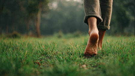 A serene scene of a person walking barefoot on lush green grass, surrounded by nature. The image captures the essence of relaxation, mindfulness, and connection with the earth.の素材