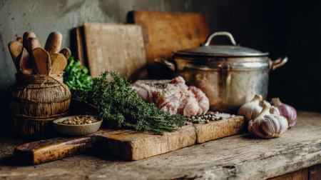 A rustic kitchen scene featuring fresh ingredients like meat and herbs alongside quality cookware. The warm ambiance invites culinary creativity, ideal for gourmet cooking.の素材
