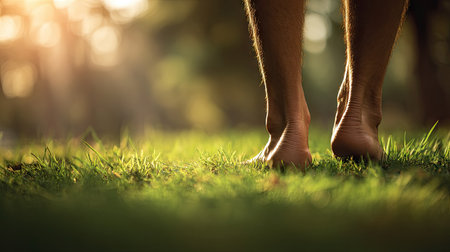 A serene scene capturing a barefoot person walking on lush green grass under soft natural light, evoking feelings of tranquility and connection with nature.の素材