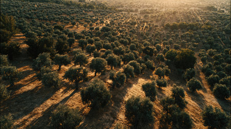 This aerial image captures a stunning olive grove bathed in soft golden light, highlighting the trees and their intricate shadows, creating a serene landscape.の素材