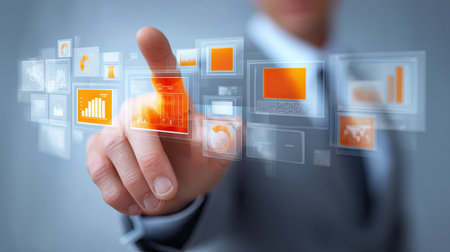 A businessman engages with a touchscreen digital interface featuring various graphs and charts in a modern office setting, highlighting technology and innovation.の素材