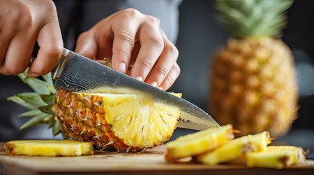 A vibrant image of a fresh pineapple being expertly sliced with a sharp knife on a wooden cutting board. The kitchen setting enhances the tropical feel, making it perfect for food and cooking themes.の素材