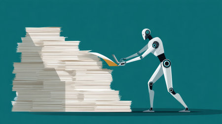 An illustration featuring a robot actively sorting paper documents against a vibrant abstract background, showcasing the blend of technology and traditional office tasks.の素材