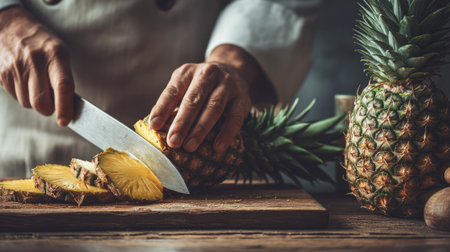 This image showcases a chef skillfully slicing a fresh pineapple on a rustic wooden cutting board in a well-lit kitchen. The vibrant colors of the fruit enhance the culinary experience.の素材