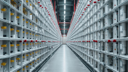 A spacious modern warehouse interior showcasing neatly arranged shelving units with bright lighting, ideal for efficient storage and inventory management.の素材
