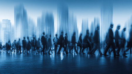 A dynamic scene capturing the energetic flow of people walking through an urban environment, creating a surreal effect with motion blur and a blue tint.の素材