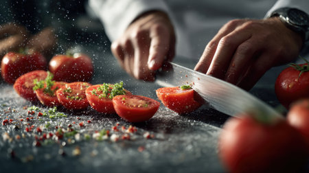 A chef skillfully chops fresh tomatoes on a dark wooden surface, showcasing culinary techniques. The vibrant colors and textures highlight the freshness and deliciousness of ingredients ready for cooking.の素材