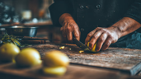 A skilled chef skillfully prepares fresh ingredients in a charming rustic kitchen, showcasing the art of cooking in a cozy environment filled with natural light.の素材