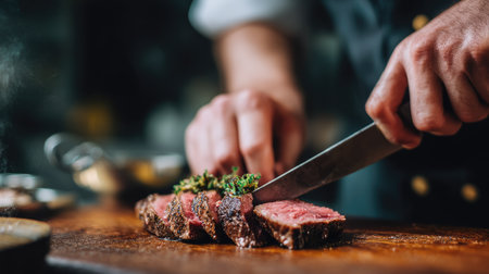 A chef skillfully slices a perfectly cooked steak, revealing its juicy interior, while fresh herbs add color and flavor, showcasing culinary excellence.の素材